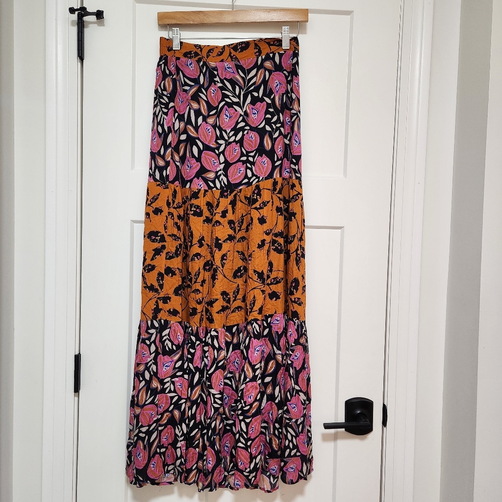 Danielrainn Floral Tiered Maxi Skirt Womens Small Boho Rayon Elastic Waist